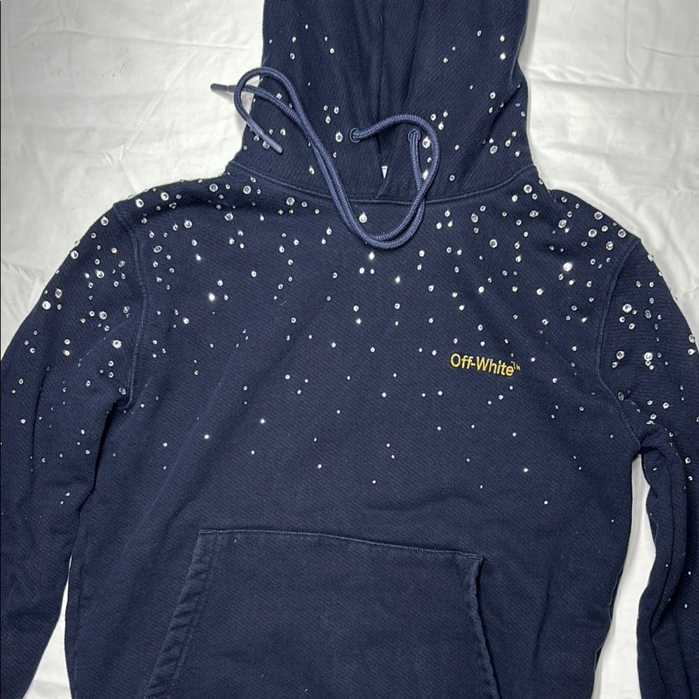 Off-White Dark Blue Men's Hoodie with Silver Accents